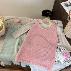 2024新款春季女童針織馬甲背心裙兒童喇叭褲卡通印花打底衫三件套