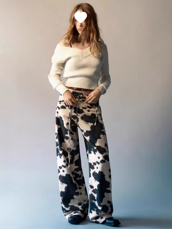 Hot-Selling European and American Style 2025 New American Retro Cow Print Washed Jeans Unisex Vintage Loose Straight Long Pants