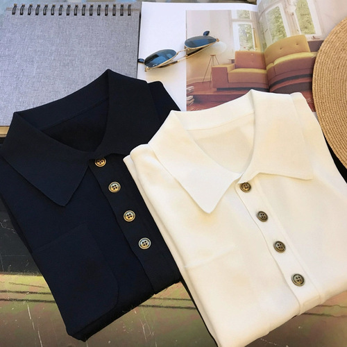 Exceptionally slimming! Highly recommended! Stylish and versatile~ Silk-like French polo neck knit short-sleeved T-shirt for women