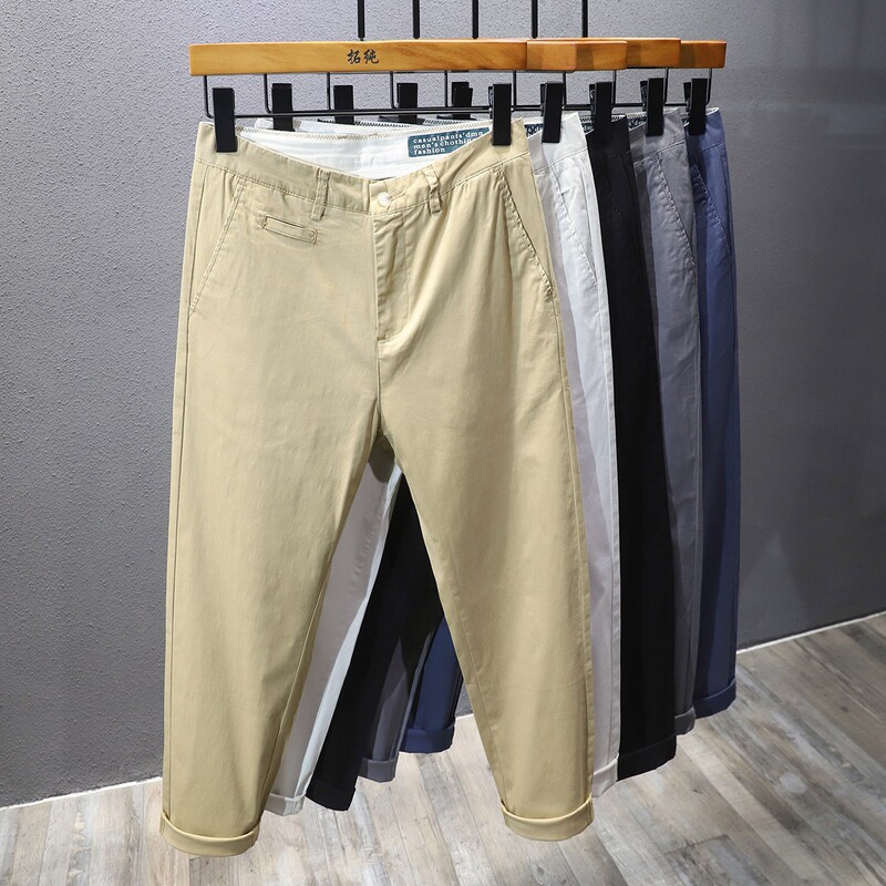 High-end Pure Cotton Men's Pants 2025 Summer Thin Casual Pants Men's Slim-fit Straight Trendy Cropped Pants Youth Pants