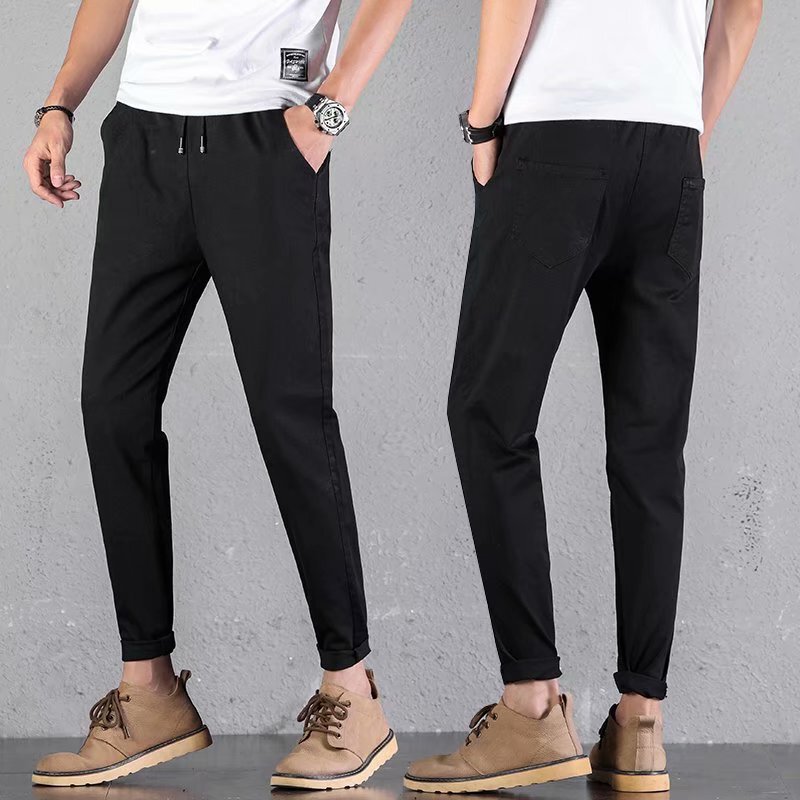 Men's Elastic Jeans Korean Style Slim Fit Skinny Pants Unique Versatile Trendy Brand Cropped Pants Stretch Pure Black Casual Pants