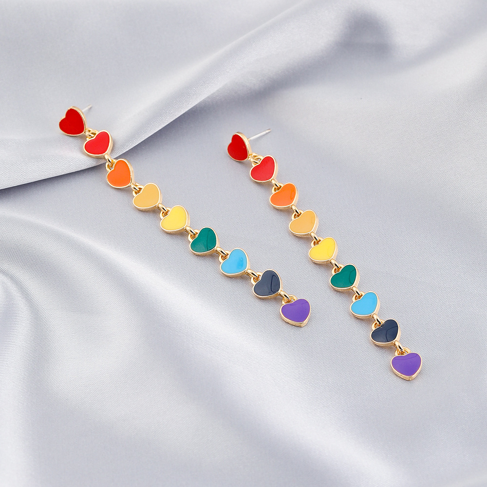 New Drop Oil Long Heart Contrast Color Tassel Earrings display picture 3