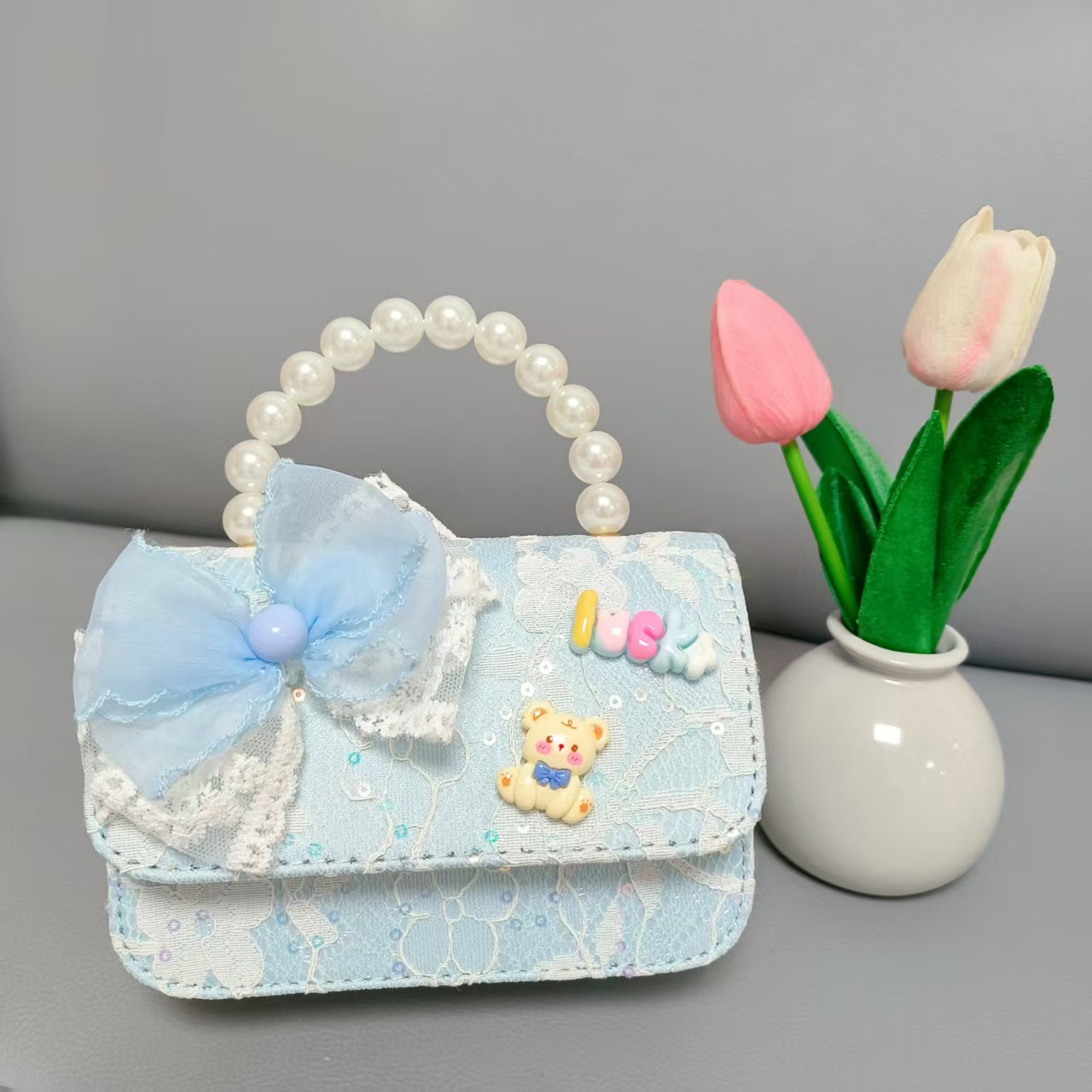 Bolsa de princesa portátil de perlas, arco de encaje, bolso de hombro, bolso de Año Nuevo, cambio de cambio