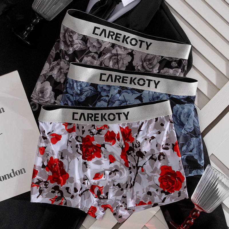 Floral Playboy~Ice Silk Men's Underwear 520 Valentine's Day Gift for Boyfriend Mid-Waist Floral Boxer Briefs