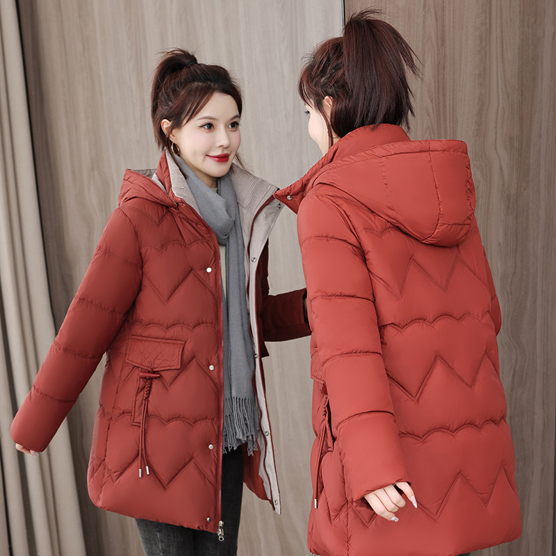 Nuevo abrigo de algodón de pluma para mujeres largo estilo coreano suelto abrigo de algodón delgado chaqueta de algodón encapuchada de tamaño grande abrigo grueso invierno