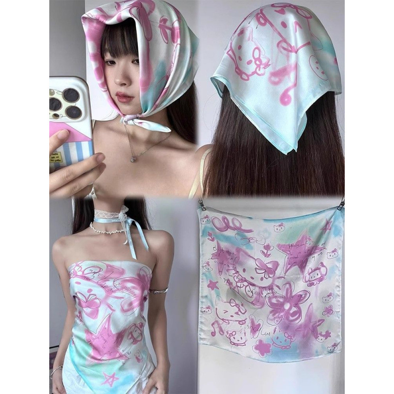 跨境辣妹丝巾抹胸方巾Y2K小众设计头巾百搭彩色猫咪印花发带围巾|undefined