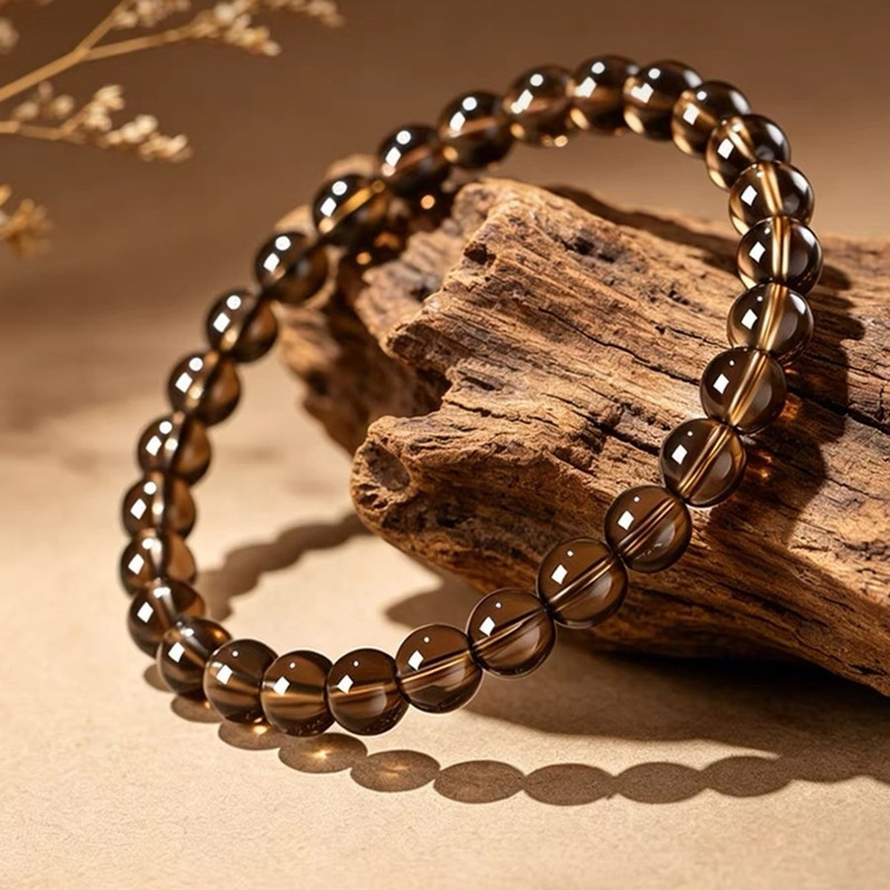 Wholesale Cross-Border Popular Imitation Natural Tea Crystal Bracelet for Women, Smoky Quartz Round Bead Bracelet, Single Circle Ice Crystal Bracelet for Men