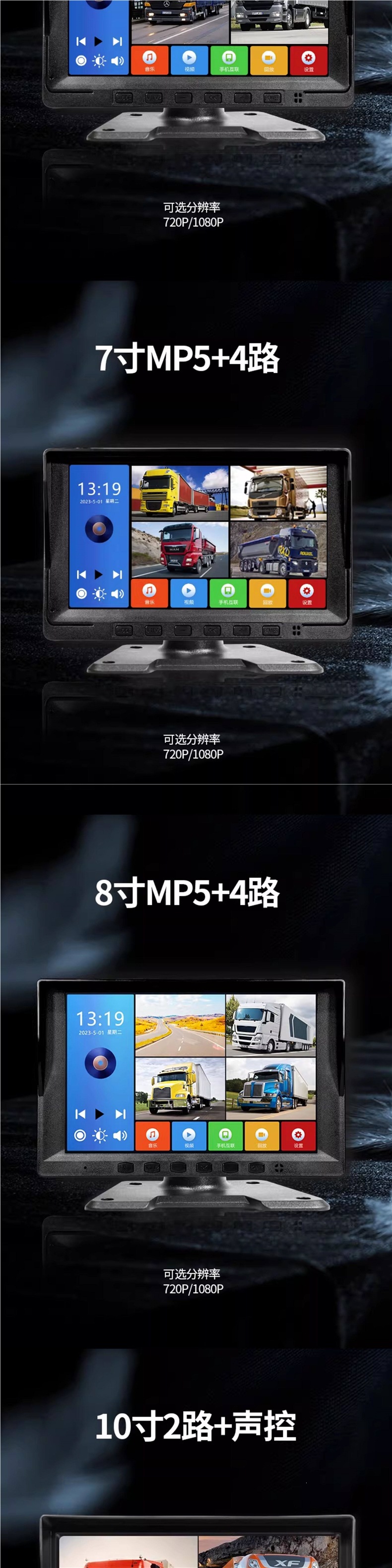 Truck Reversing Image Mp5 Car Display Screen Two-Channel Four-Channel High-Definition Monitoring 24V Driving Recorder Monitor