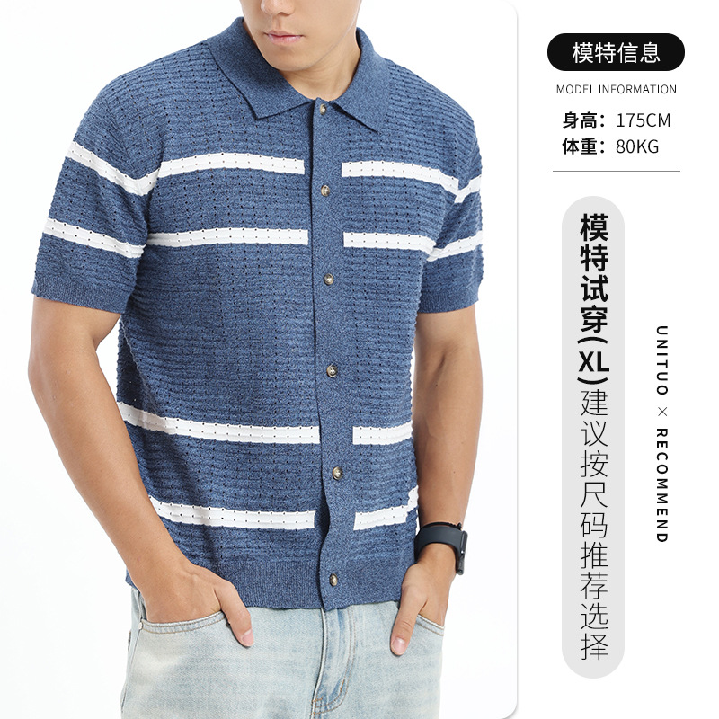 Polo de hielo de punto de hombre, camiseta de manga corta, hombre de verano viejo, estilo de alto nivel, camiseta de botón de negocios, camiseta de hombre