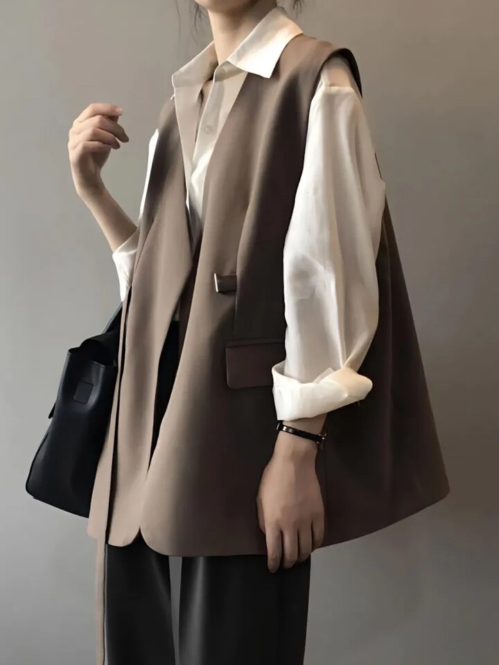 Áo vest nữ dáng rộng cỡ lớn phối lớp phong cách thanh lịch, dài áo 50–65 cm — Kích thước thẻ màu nâu nhỏ, Thẻ đen kích thước nhỏ