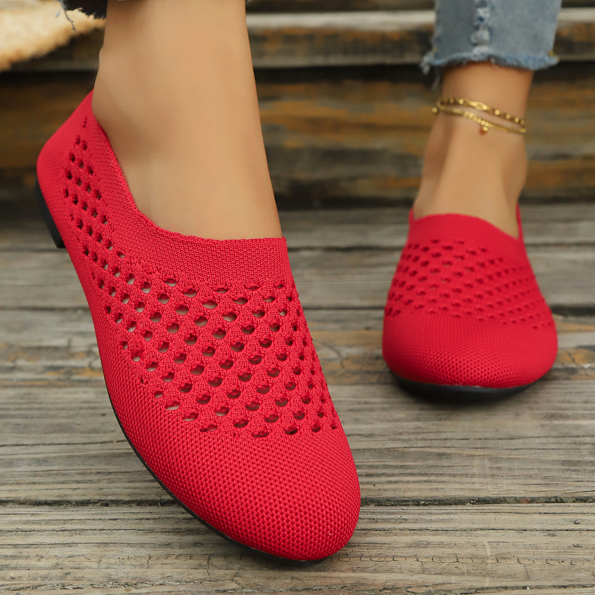 鞋子女跨境东南亚外贸女鞋纯色圆头平底鞋女式休闲布鞋飞织豆豆鞋