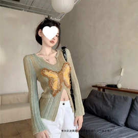 法式复古蝴蝶结针织衫女秋冬新款辣妹设计感小众开叉显瘦打底毛衣