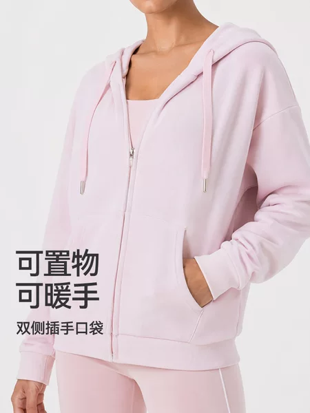 Caijue American-Style Zip-Up Hooded Fleece Sweatshirt for Women, Solid Color, Lazy Style, Loose Cardigan, Casual Top, Jacket