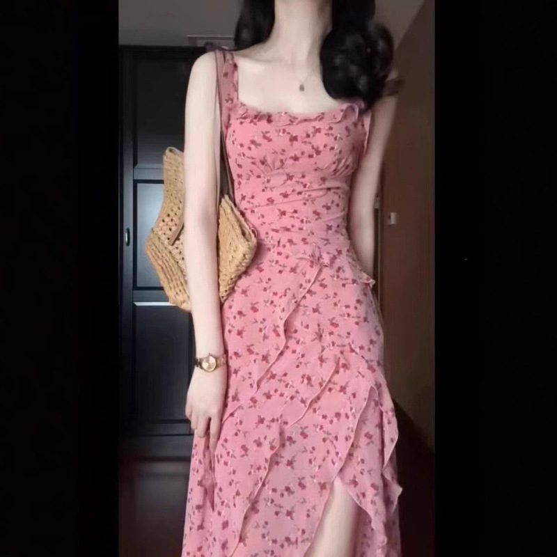 Tea Break French-Style Pink Floral Spaghetti Strap Dress for Women, Summer 2026 New Design, Petite Size, Stylish Slit Mid-Length Dress Tea Break French-Style Pink Floral Spaghetti Strap Dress for Women, Summer 2026 New Design, Petite Size, Stylish Slit Mid-Length Dress