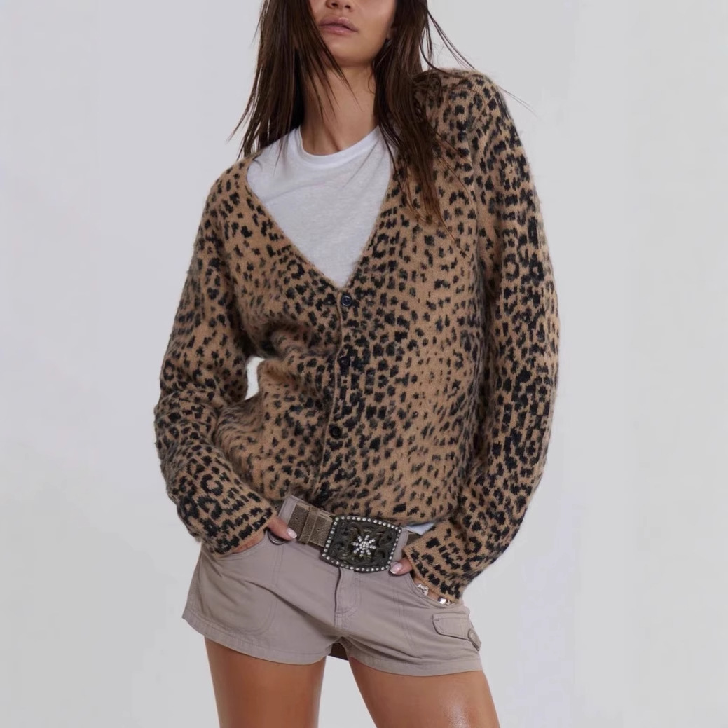 New All-Match American Style Retro Leopard Print V-Neck Knitted Cardigan European and American Spice Girl Sweater Jacket Soft Waxy 4146