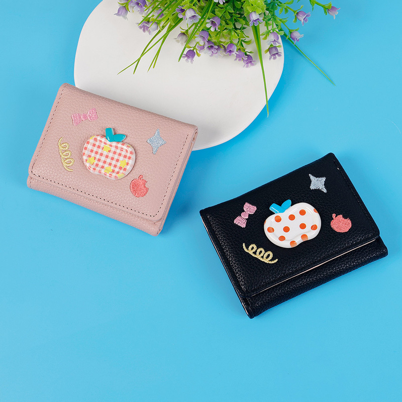 Korean-Style Cream Apple Small Wallet for Women, Short Version with Lychee Pattern, 2026 Student Korean Version, Cute Folding Card Holder and Coin Purse