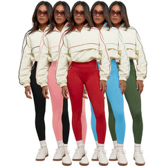 HR25081欧米のファッション婦人服は腰のナイロンの上着のヨガのズボンの運動のレジャーの2つのセットを引きます。