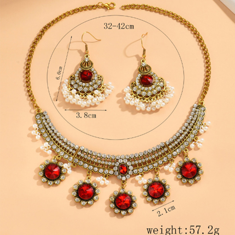 Disainerelementidega boheemlaslik moodne retro rubiinist ehtekomplekt pärlitega, helmestega, liialdatud kaelakee ja kõrvarõngad_voghion.com