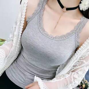Cute lace spring summer thin white base body-friendly top with cups sleevless, Korean style, lifting effect