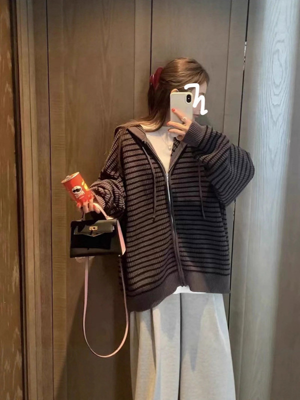 韩版休闲温柔风撞色条纹连帽针织开衫女秋冬新款宽松上衣毛衣外套|undefined