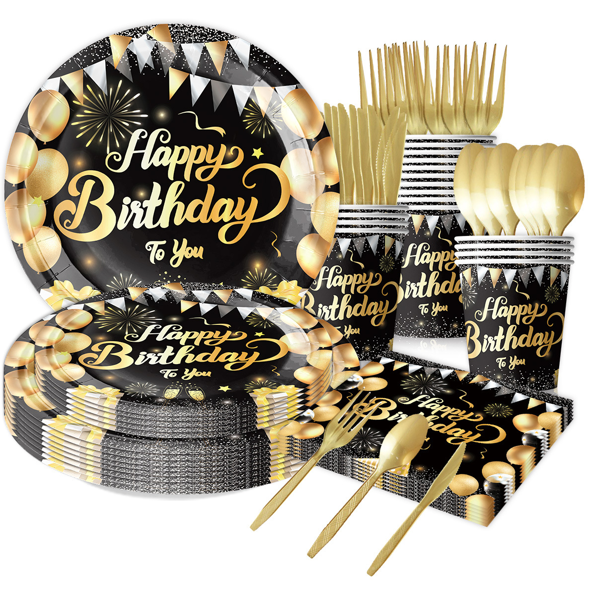 Fiesta de cumpleaños de oro negro transfronterizo desechable feliz cumpleaños cartón de color tazas de papel mesa de postres diseño de decoración
