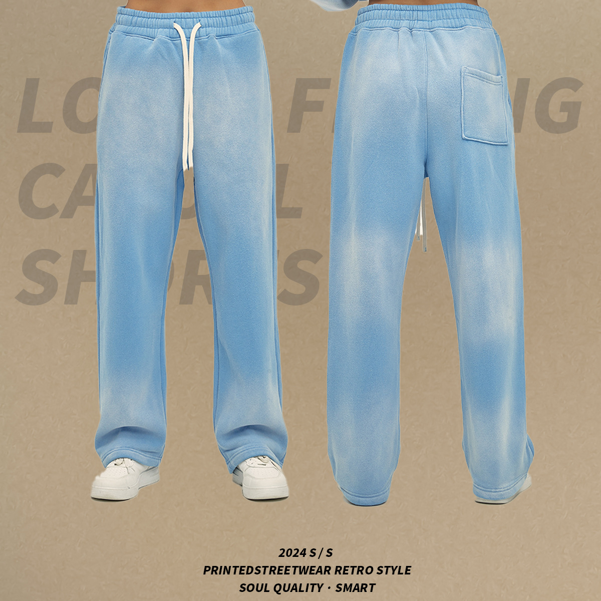 2024 otoño e invierno nuevos productos 360g pantalones de hombre desgastados teñidos en spray blanqueados lavados pantalones sueltos casuales para hombres y mujeres