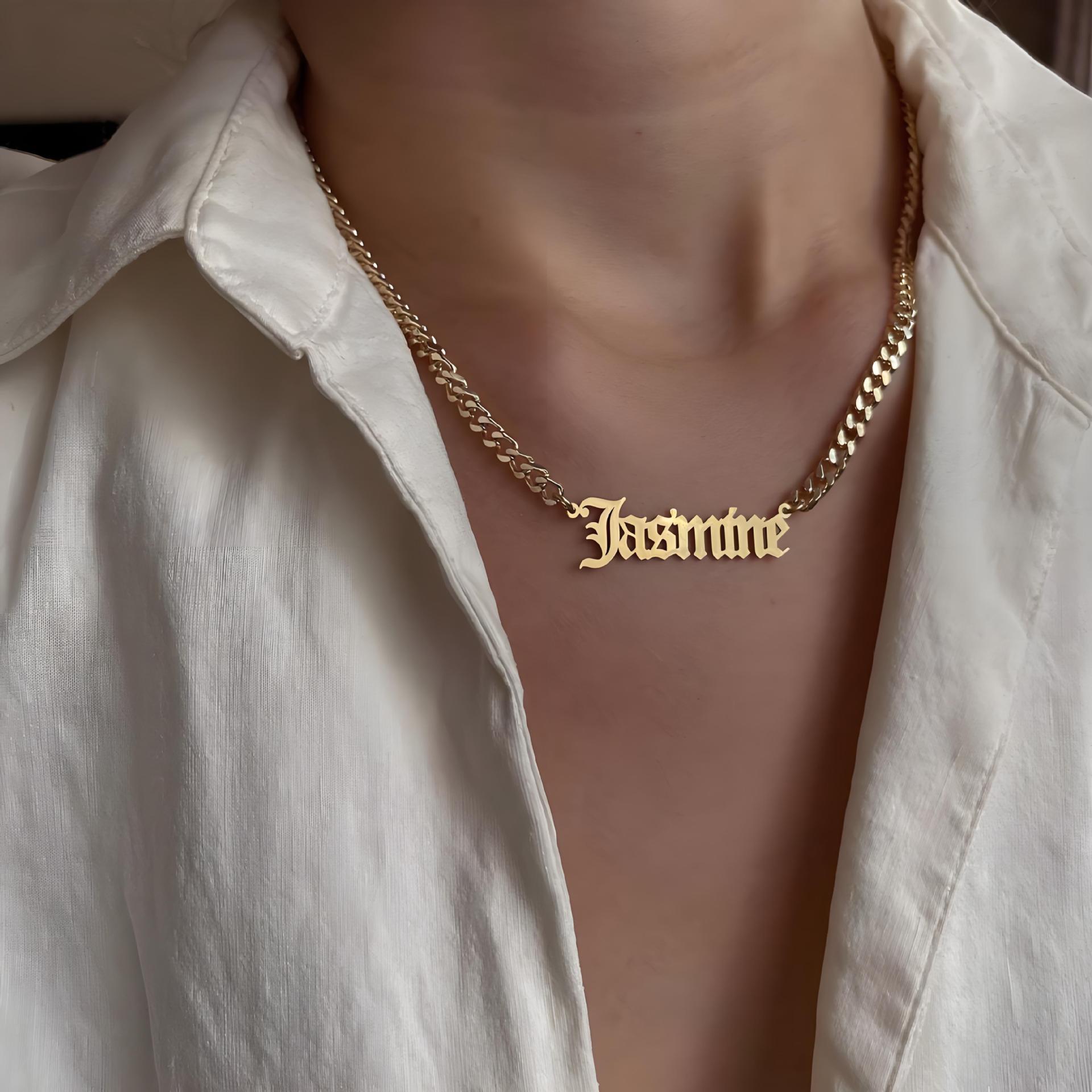 Personalised Old English Name Necklace Cuban Chain Stainless Steel_voghion.com