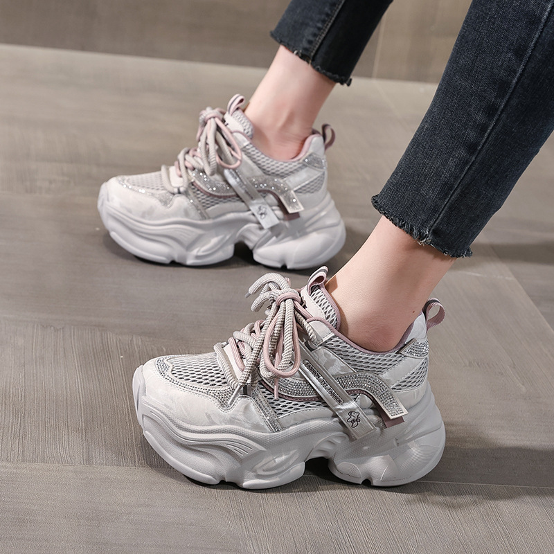 Giày sneaker nữ đế dày chunky lưới thoáng khí tăng chiều cao — Xám tím