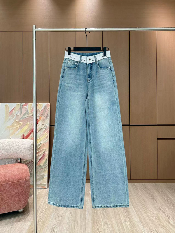 ヨーロッパのストレートジーンズ女性2025ポケット刺繍衝突色アルファベットリボンストレートリボングラデーション色ジーンズ|undefined