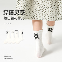 1645儿童袜子批发24春季黑白简约蝴蝶结宝宝中筒袜无骨棉女童袜子