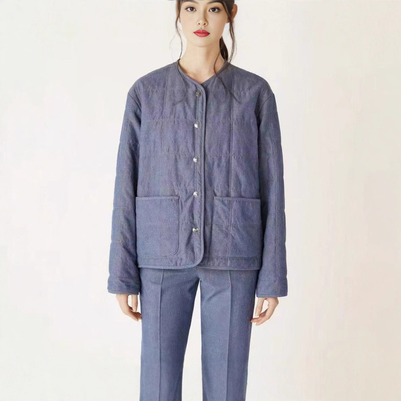 2025 New Autumn and Winter Round Neck Quilted Light and Loose Slimming Look Series Denim Cotton Jacket for Women 2025 New Autumn and Winter Round Neck Quilted Light and Loose Slimming Look Series Denim Cotton Jacket for Women