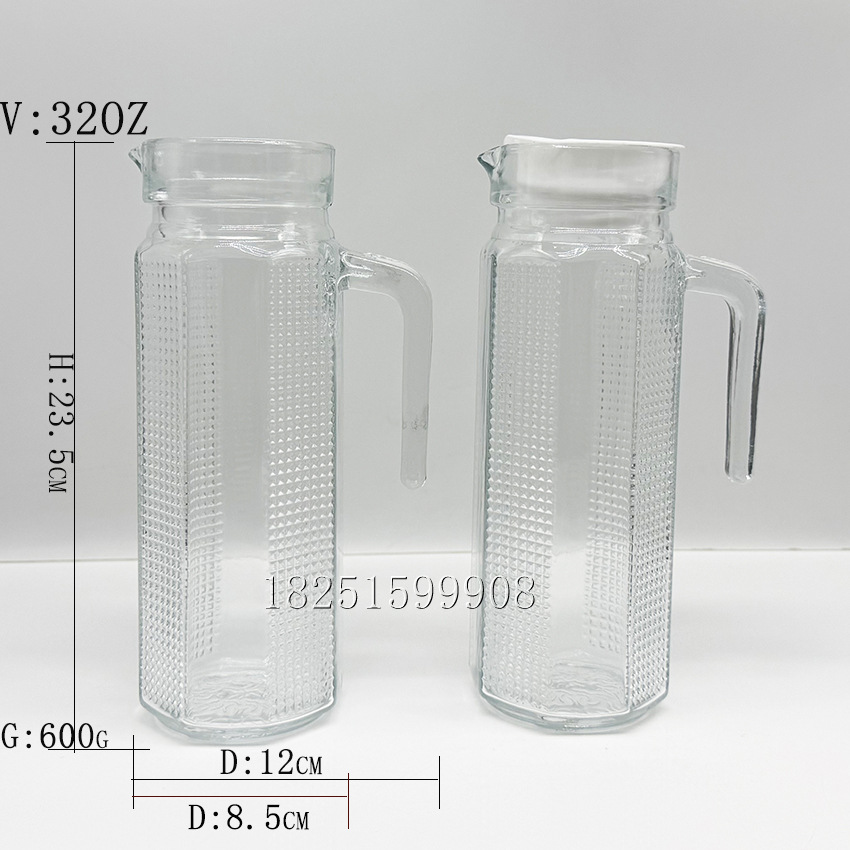1000ml大容量玻璃壶钻石八角冷水壶果汁饮料大扎壶凉水瓶啤酒扎壶