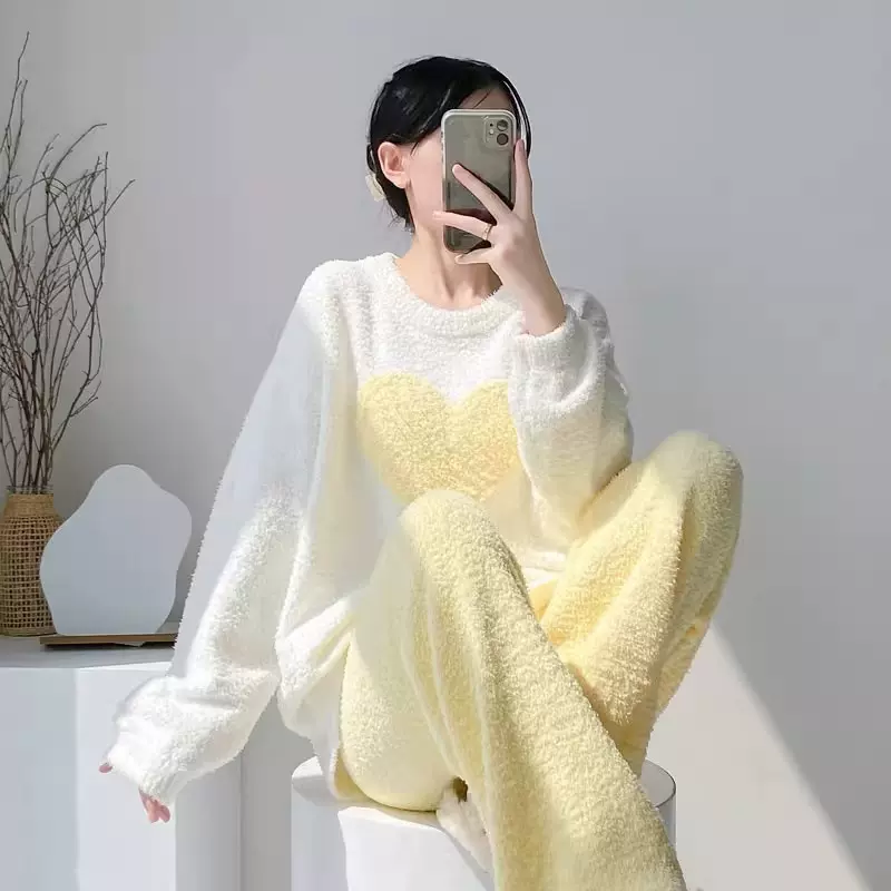 冬季新款爱心半边绒睡衣女宽松加绒保暖甜美可爱风家居服两件套装