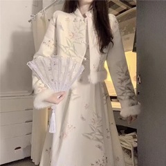 秋冬新中式国风复古改良旗袍碎花连衣裙毛边拼接短款外套时尚套装