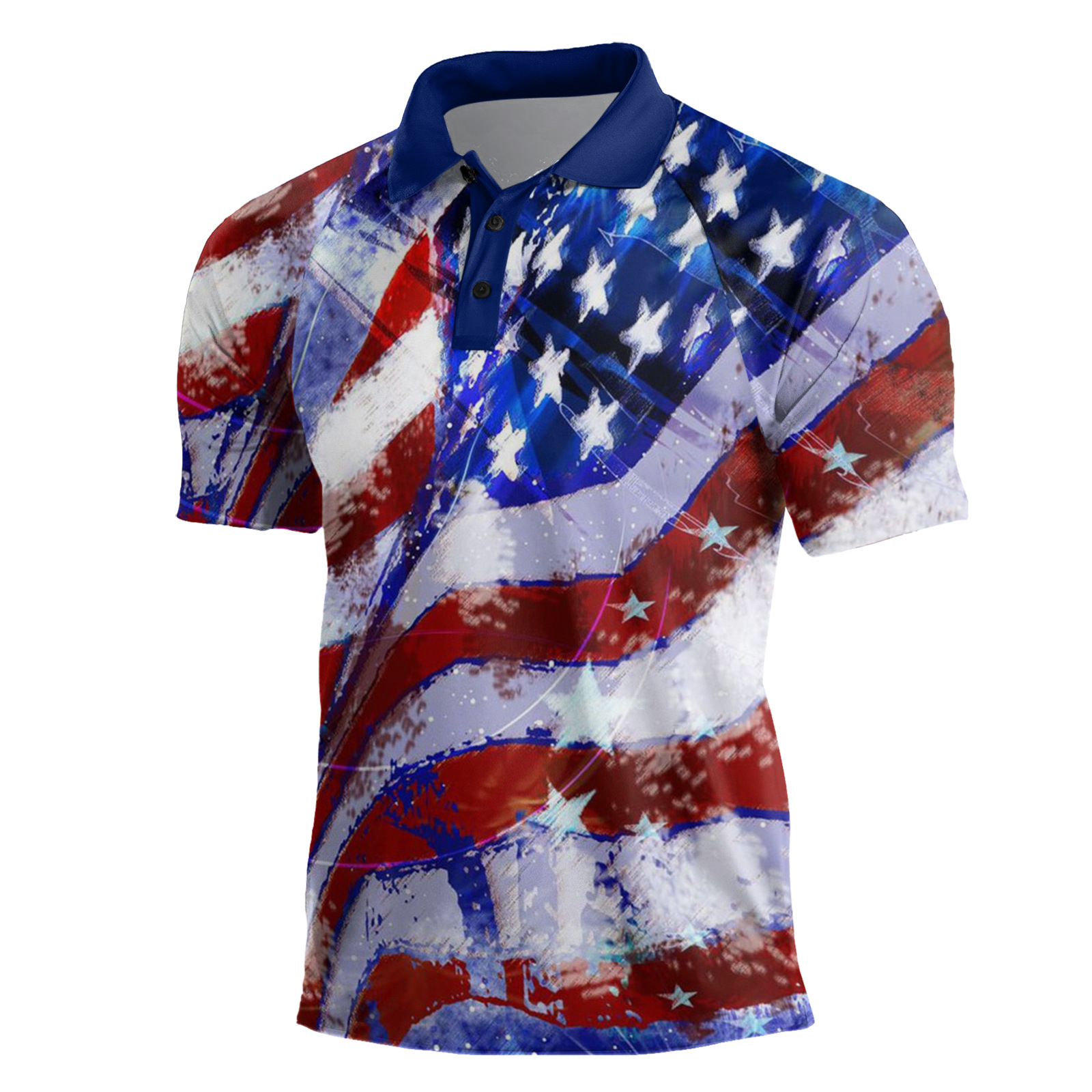 Cross-border Europa y América 2023 nuevos hombres casuales de manga corta Henry Independence Day Elements Camisa POLO raglán de tres botones para hombres
