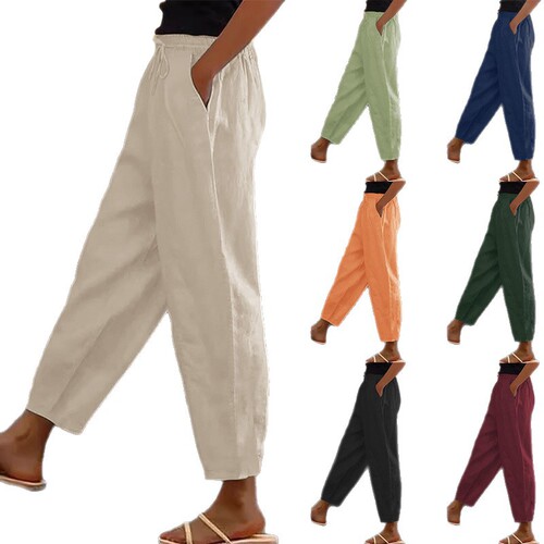 Eurasian Cross-Border Spring and Autumn New Women's Pants Cotton Linen Plain Color Fashion Casual Daily Side Pockets Elastic Casual Pants for Women