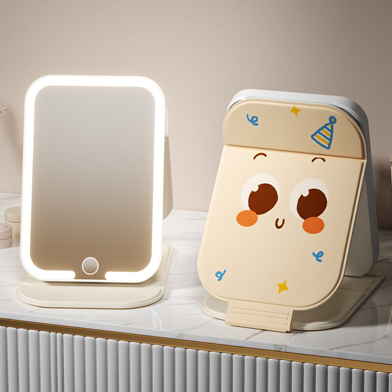 Espejo de dibujos animados Capibara pequeño espejo portátil espejo plegable luz tricolor LED espejo de maquillaje espejo de vestir para estudiantes