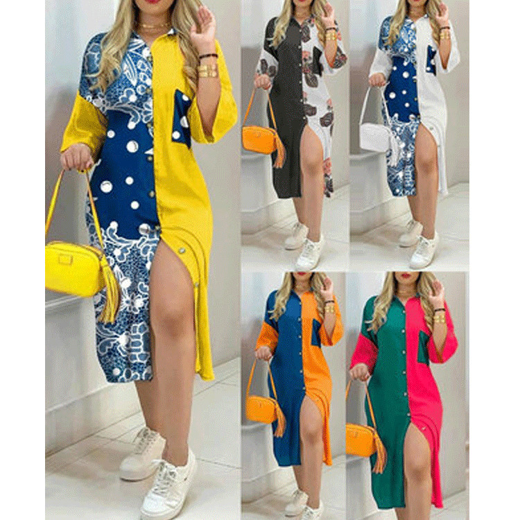 Shirt Dress Women Pocket Button Printing Color Contrast Dress 5 Shirt Dress Women Pocket Button Printing Color Contrast Dress