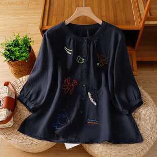 Summer New Loose Slimming Retro Embroidered Three-Quarter Sleeve Ramie Sun Protection Shirt Women's Casual Top