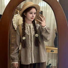 森女2025新款春装荷叶领公主格子衬衫女纯棉翻领春季洋气法式衬衣