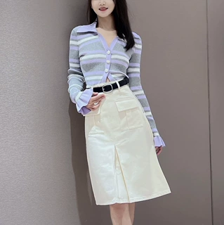 法式优雅2025秋季新款甜美翻领条纹针织喇叭袖开叉上衣女