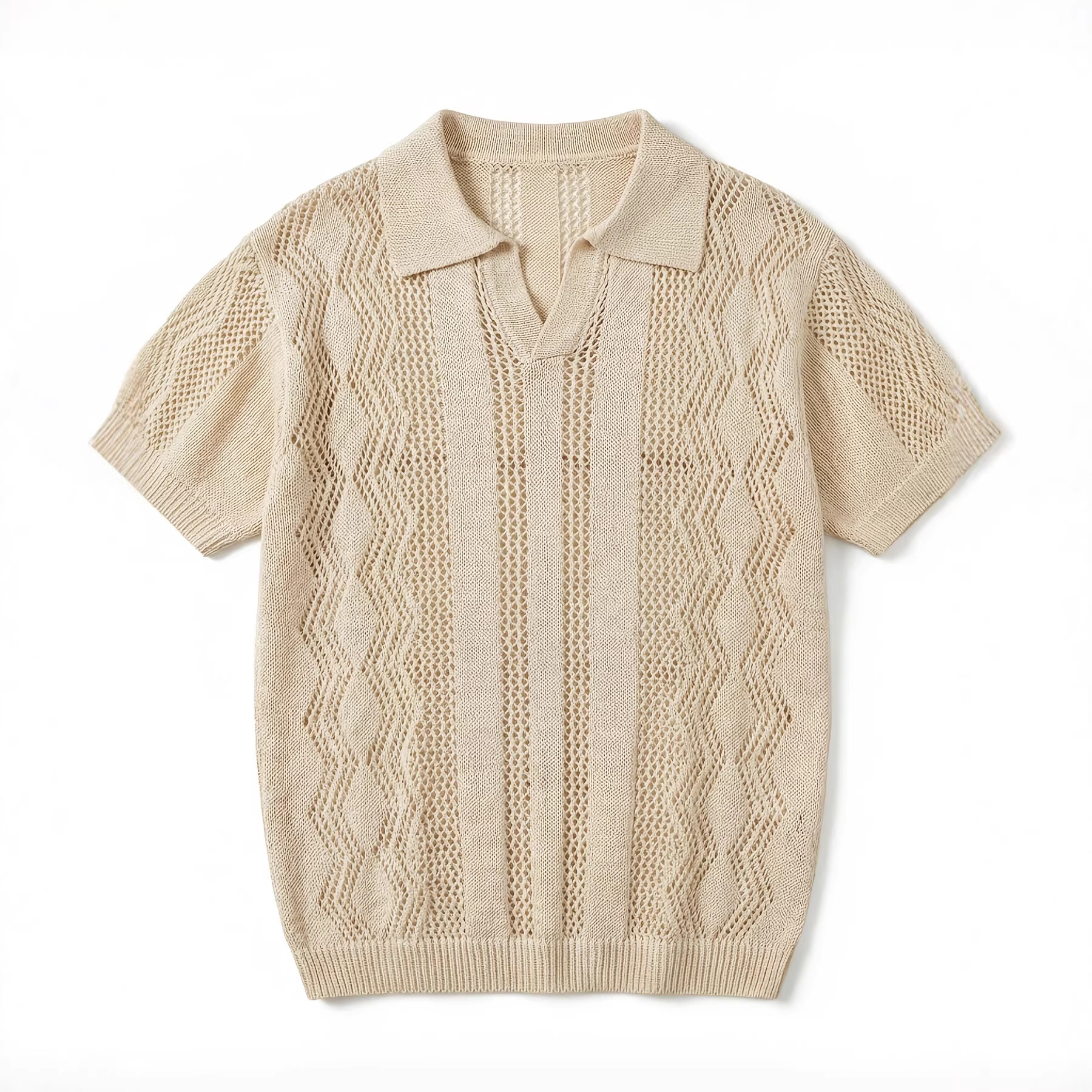 Men's Textured Openwork Knit Short Sleeved Shirt French Retro Collar V Neck Half Open Knit Sweater Exclusive_voghion.com