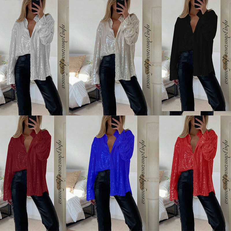 2026 Autumn/Winter European and American New Style Sequin Top with Lapel Long Sleeves Sexy Cross-Border Women's Shirt Jacket 2026 Autumn/Winter European and American New Style Sequin Top with Lapel Long Sleeves Sexy Cross-Border Women's Shirt Jacket