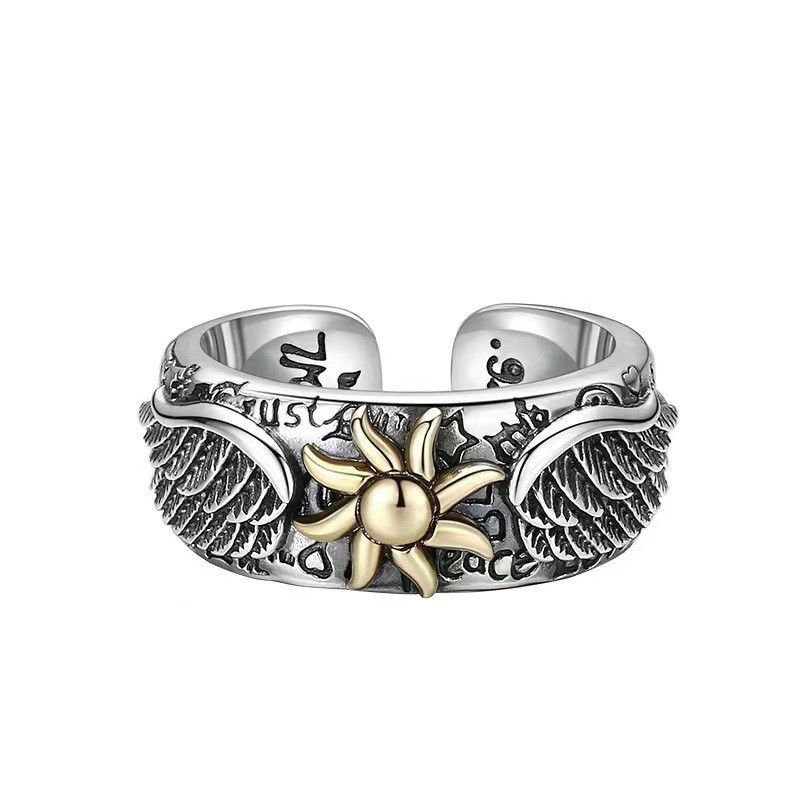 Retro Thai Silver Sunflower Graffiti Letter Wings Men's Ring Men's and Women's Personalized Wings Open Ring Wholesale