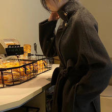 2025秋冬新款韩版时尚通勤立领收腰中长款毛呢外套双面羊毛大衣女