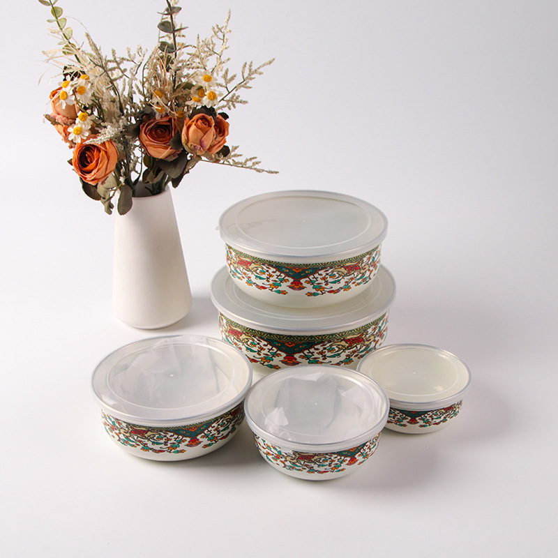 Enamel Tableware Meal Preservation Bowl Set Bowl Advertising Gift Wholesale Russian Flower Thickeneded Ice Bowl Soup Bowl Five-Piece Set