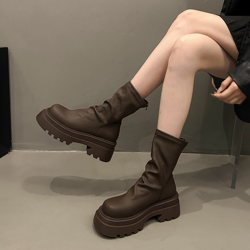 女性用厚底ショートブーツ 2024 秋冬幅広厚底プリーツパイルブーツファッショナブルな小柄な人向けスリムストレッチスリムブーツ|undefined