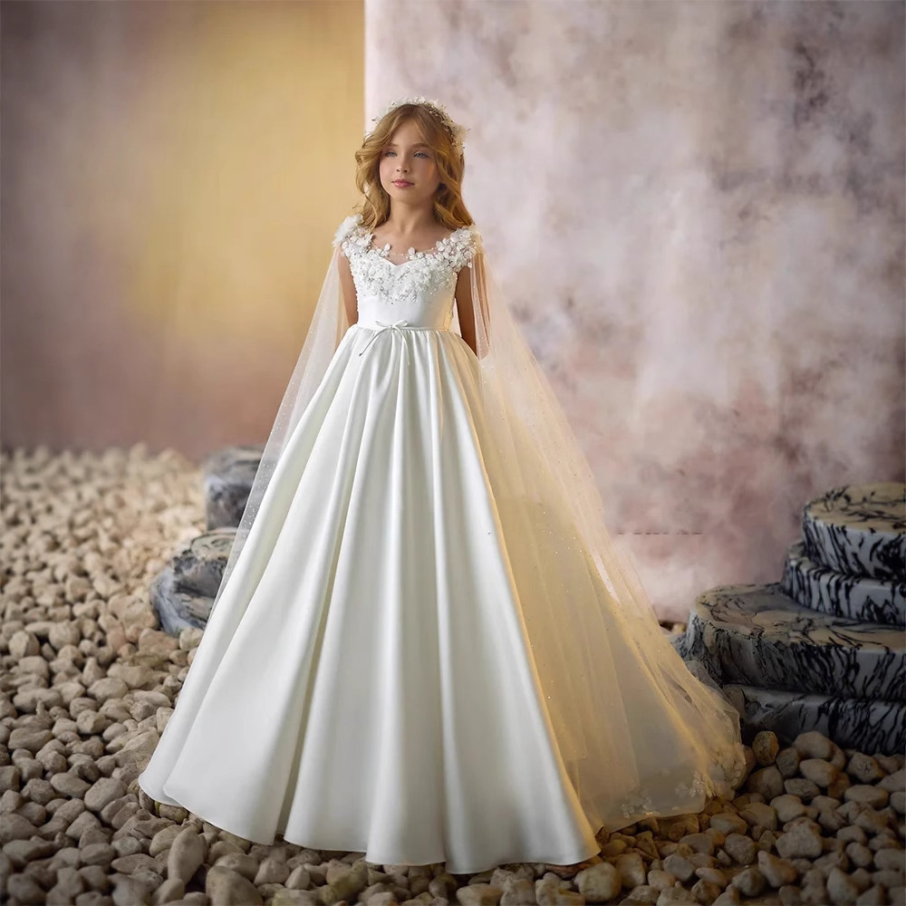 Children's Flower Girl Dress Lace Satin Long Princess Dress For Girls Runway Show Wedding Dress Toddler Girls Clothing【Pre-sale | Ships In 15 Days】_voghion.com