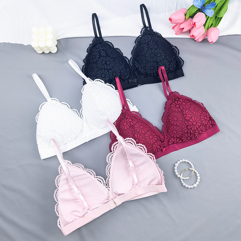 Europa y América de encaje sexy copa triangular francesa cabra hermosa ropa interior de espalda simple y ligera sin anillo de acero para estudiantes sujetadores de pecho