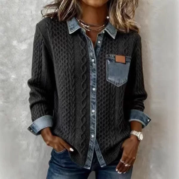2026 New European and American Style Knitted Patchwork Denim Shirt for Women, Fashionable Versatile Long-Sleeve Cardigan Jacket, Women's Clothing Wholesale